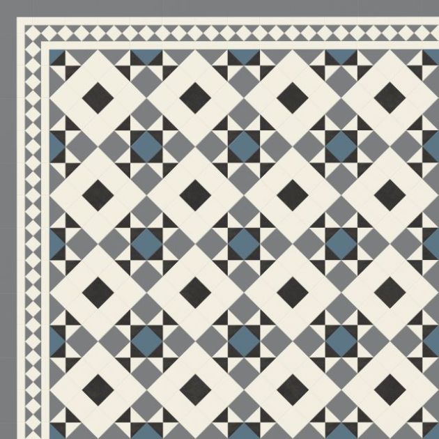 Sample of Clifton, a star and square blue, gray, white, and black Victorian tile