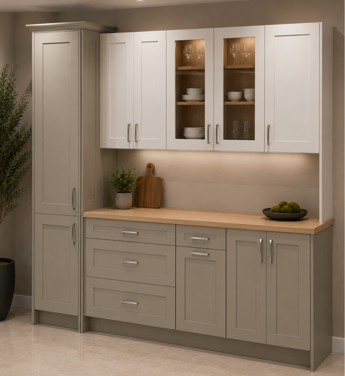 3D rendering of gray pantry and lower cabinetry with wood butcher block counter and white and glass upper cabinets