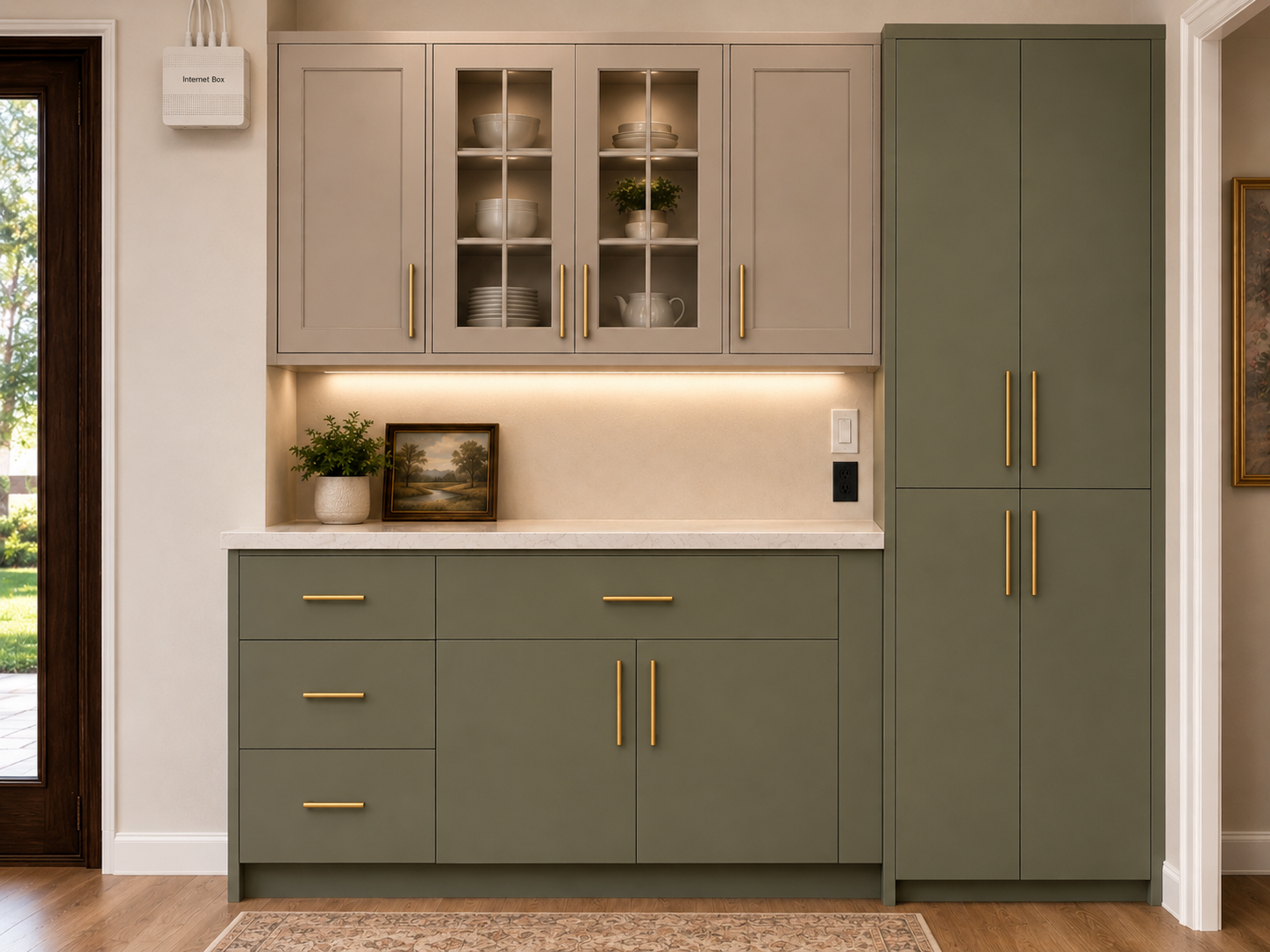 3D rendering of green pantry and cabinets with white counter, with pale gray and glass upper cabinetry