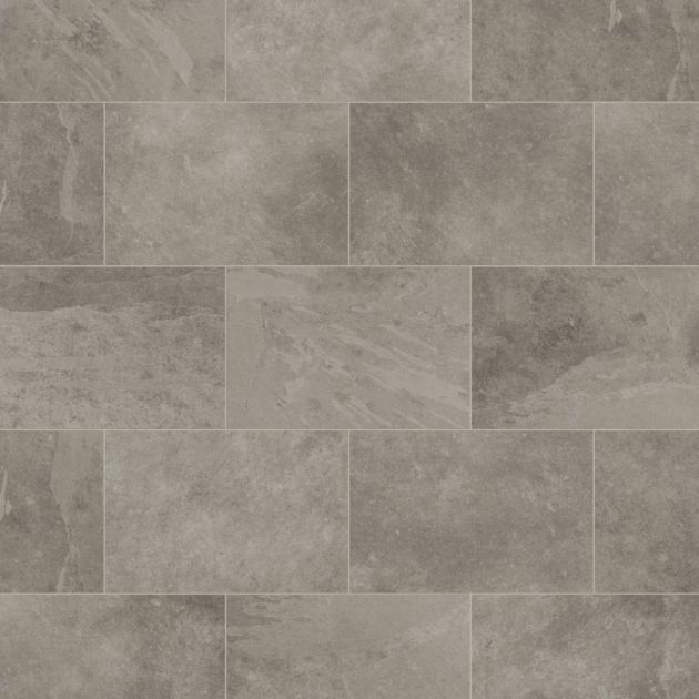 Sample of click-together LVT Grey Riven Slate showing gray tones, rectangular tiles, and stone pattern