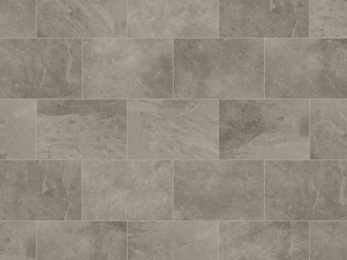 Sample of click-together LVT Grey Riven Slate showing gray tones, rectangular tiles, and stone pattern