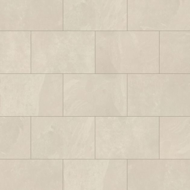 Sample of rigid core Ivory Riven Slate, a rectangular LVT with a white and cream stone look