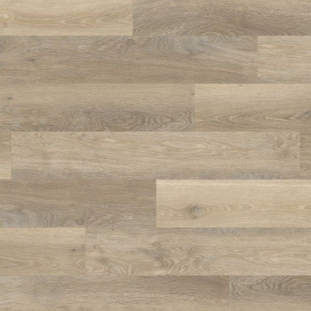 Sample of gluedown LVP Lime Washed Oak showing taupe and beige woodgrain design, knots, and texture