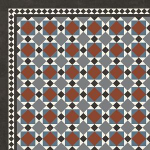 Mayfair glue down LVT sample showing blue, red, black, and white square Victorian tile design