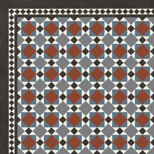 Mayfair glue down LVT sample showing blue, red, black, and white square Victorian tile design