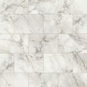 Sample of River Marble rigid core LVT, a white rectangular marble-look tile with gray veining