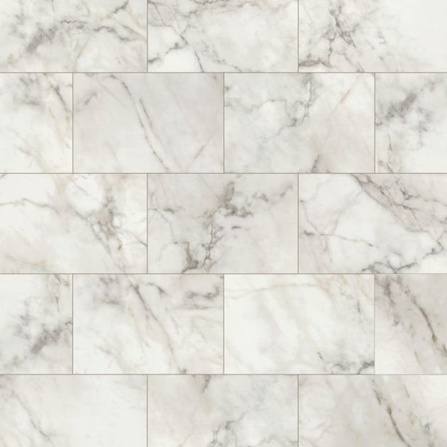 Sample of River Marble rigid core LVT, a white rectangular marble-look tile with gray veining