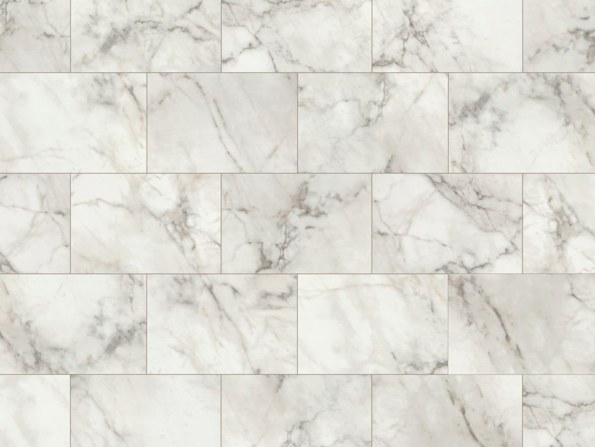 Sample of River Marble rigid core LVT, a white rectangular marble-look tile with gray veining