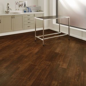 Veterinary space with metal table on top of reddish-brown plank floor installed on a diagonal with a design border, with sink and cabinetry in background