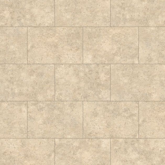 Rigid core Soapstone sample, a mottled beige and taupe limestone-look rectangular luxury vinyl tile