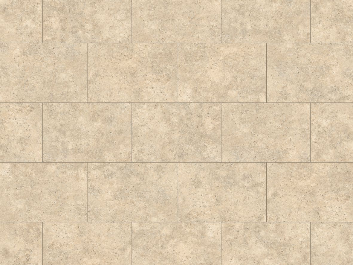 Rigid core Soapstone sample, a mottled beige and taupe limestone-look rectangular luxury vinyl tile