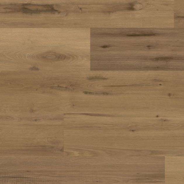 Vermeer Oak LVP sample, a woodgrain pattern with varying brown tones, black specks, and knots