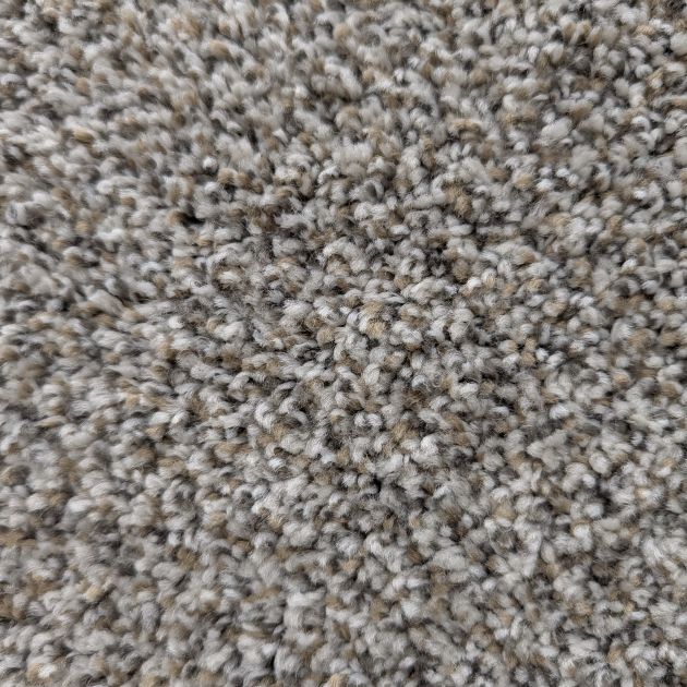 Close up of Win-Win Essential carpet showing gray, beige, and cream multicolor plush fibers