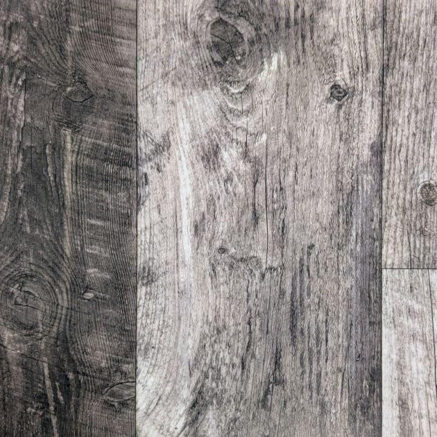 Mountain Side luxury vinyl sheet sample, a high variance gray weathered, reclaimed wood design